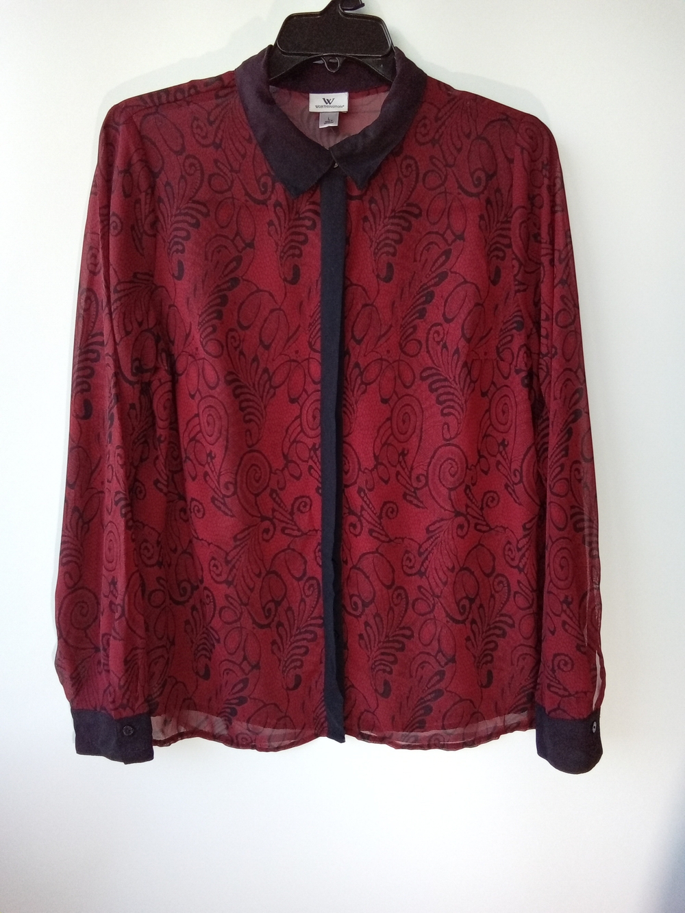 Worthington Burgundy Black Paisley Sheer Blouse L